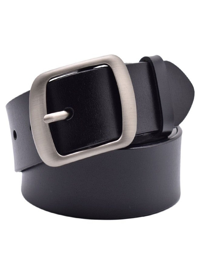 VONSELY Soft Wide Leather Belt for Jeans Shorts, Classic Plain Pattern Trousers Leather Belt with Metal Buckle, Black Belt 115CM - Image 1